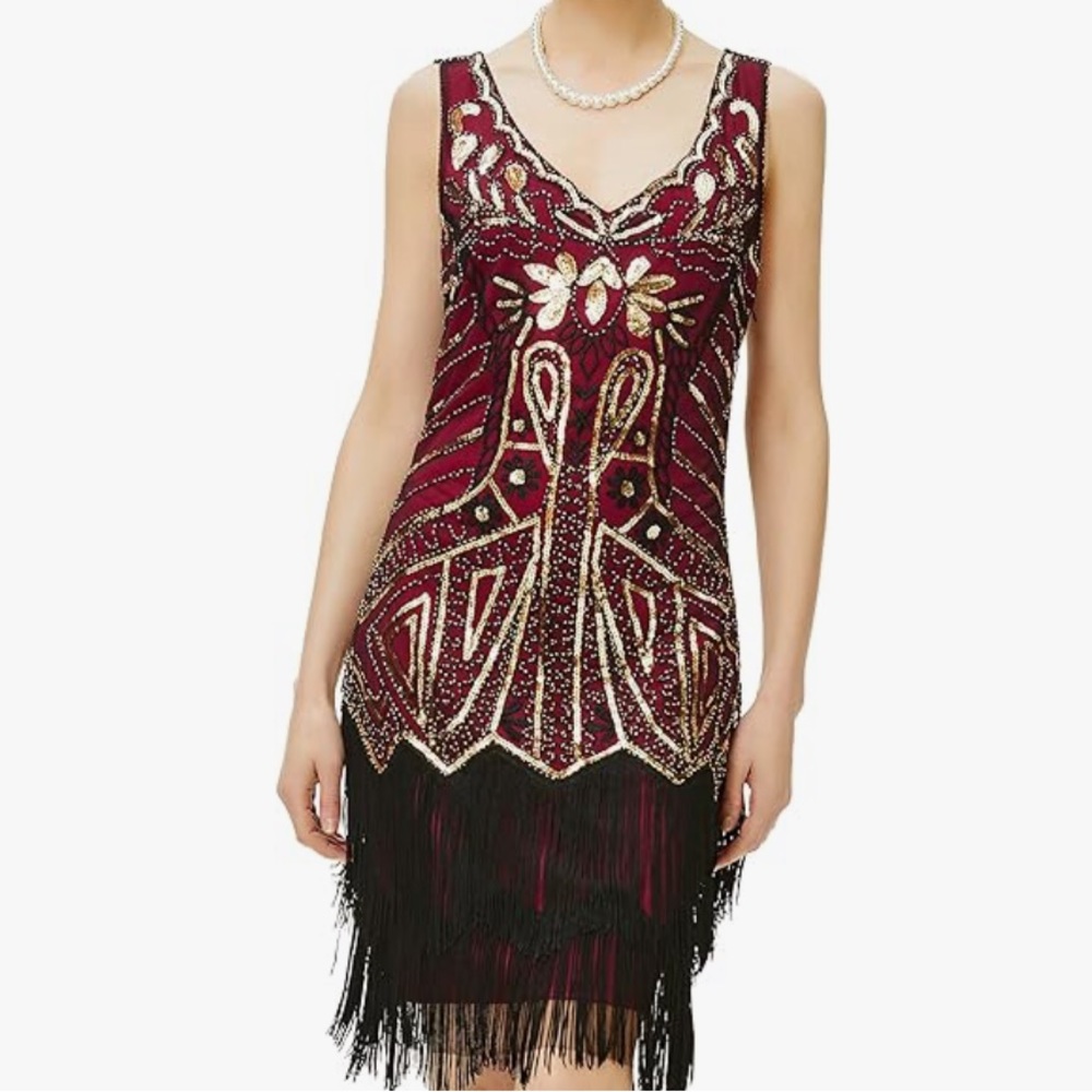 Women’s 20’s Flapper Dress-Beaded Fringed-Great Gatsby V-neck Dress-Size Large